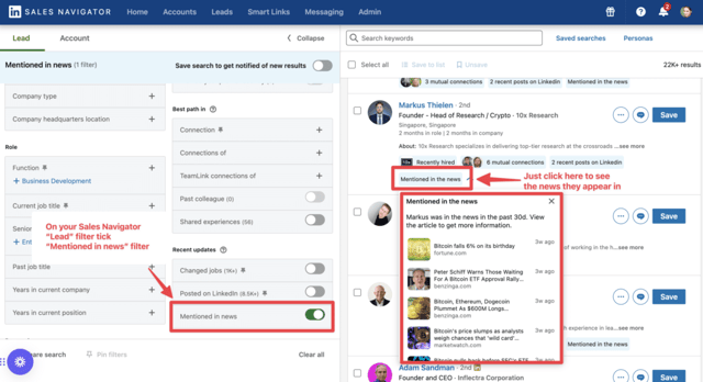 usar el filtro de mencionados en noticias en sales navigator para reaccionar a las noticias de su empresa