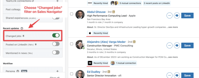 encontrar personas que cambiaron recientemente de empleo con el filtro avanzado de linkedin sales navigator