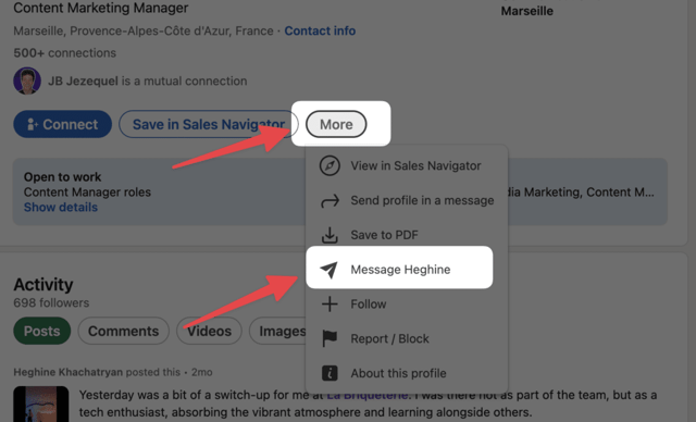 enviar un inmail en linkedin desde la página personal del contacto
