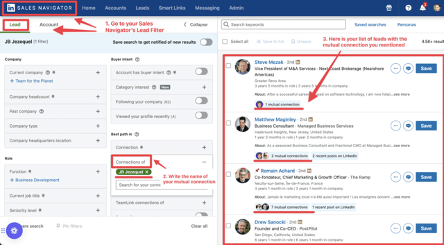 filtrar personas por conexiones en común en linkedin sales navigator