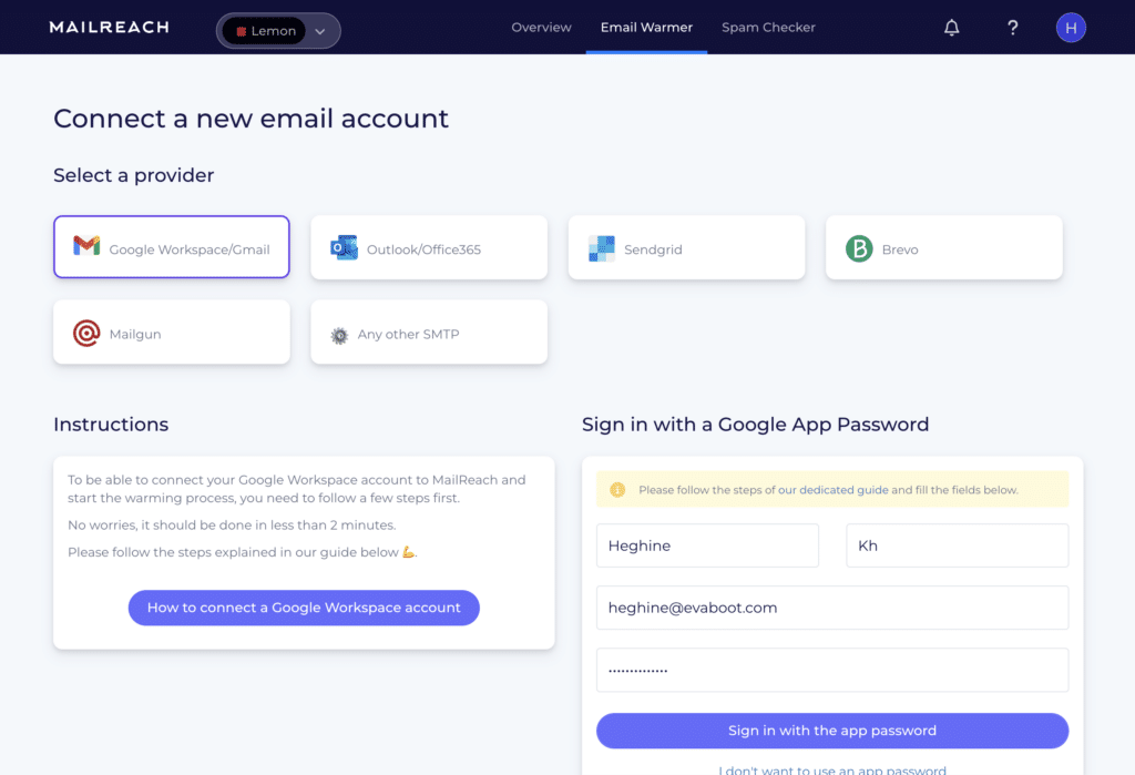 set up new email account on mailreach