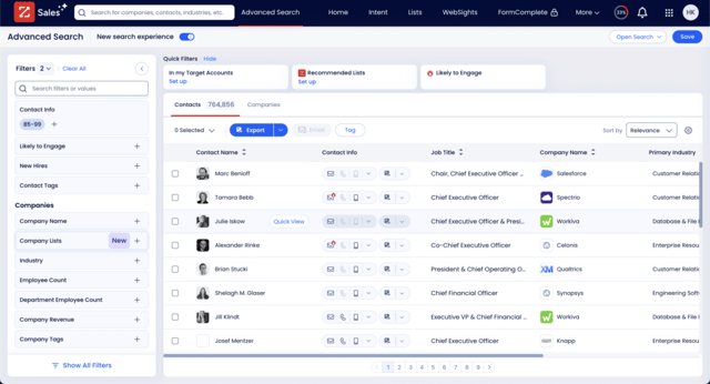 zoominfo advanced search view with filters