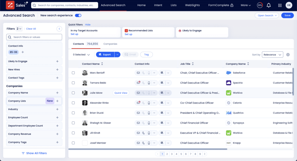 zoominfo advanced search view with filters