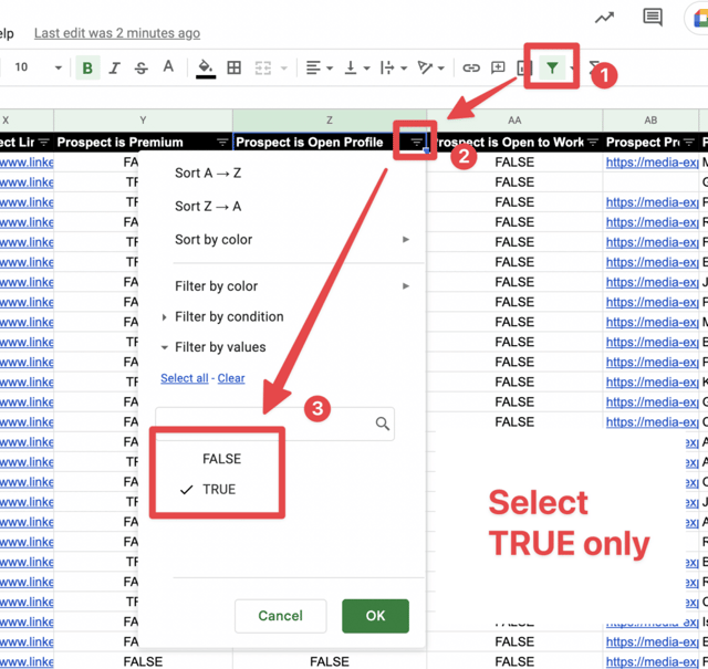 filtrar perfis abertos google sheets