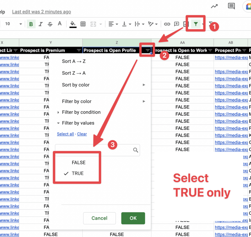 filter open profiles googles sheets