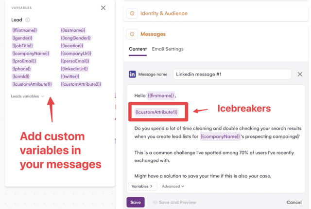 custom variables linkedin prospecting messages
