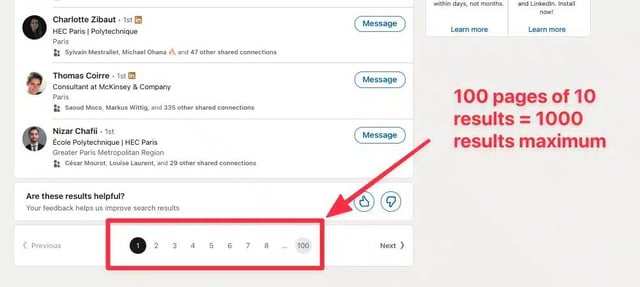 limite de resultados do perfis do linkedin
