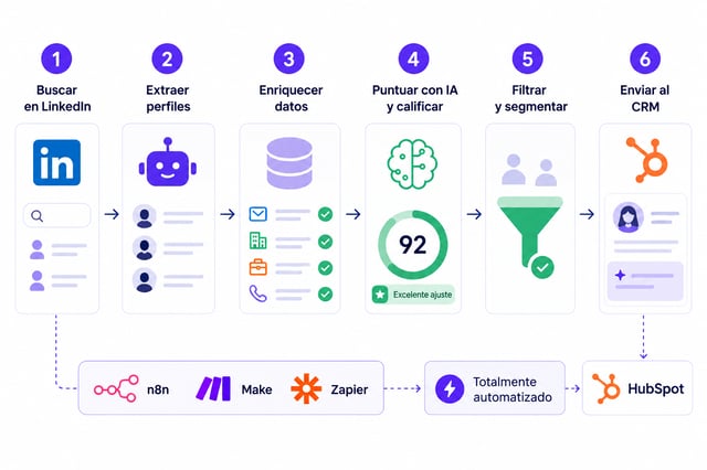 Flujo de prospección automatizada en seis pasos, de la búsqueda en LinkedIn al envío al CRM, con n8n, Make o Zapier y HubSpot