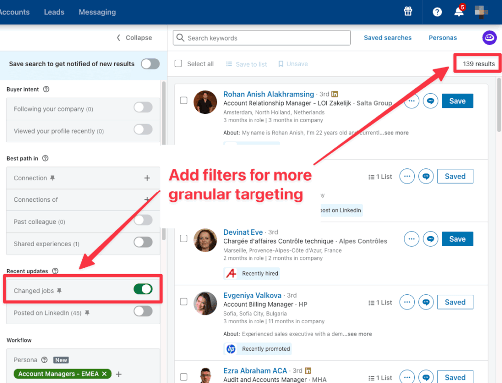 add filters to persona in lead search