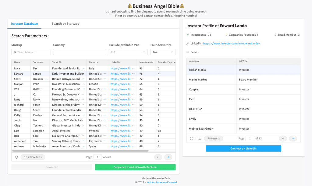 database of investors on la growth machine