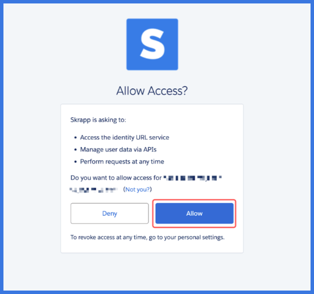 Skrapp OAuth consent screen asking to access the identity URL service and manage user data via APIs, with the Allow button highlighted