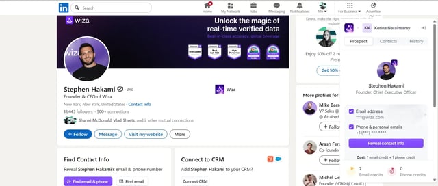Wiza Chrome extension panel open over a LinkedIn profile, revealing the prospect's email address and phone number at a cost of one email credit and one phone credit