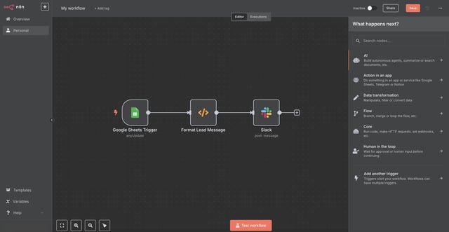 n8n workflow canvas chaining a Google Sheets trigger into a lead-formatting code node and a Slack notification