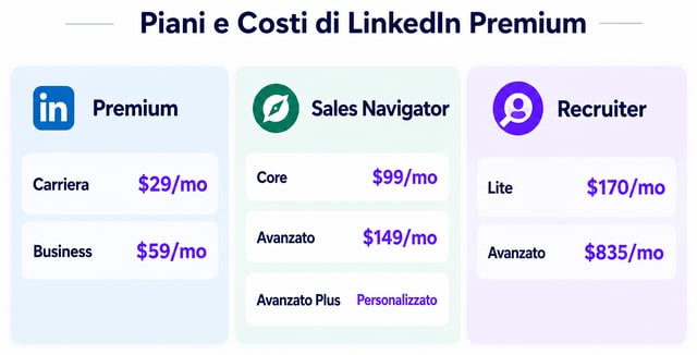 confronto tra i tipi di account LinkedIn tra piani free premium e recruiter