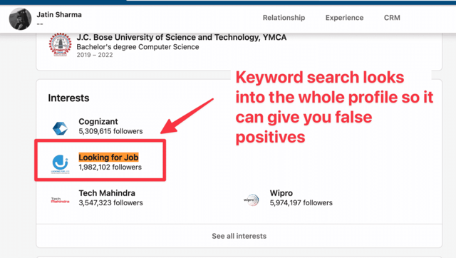 filtre de recherche par mot-clé linkedin