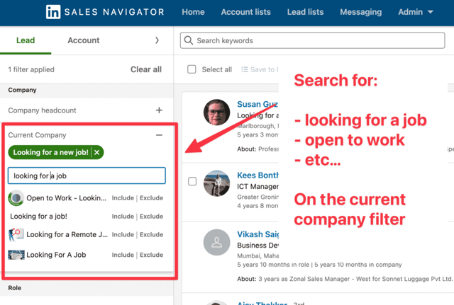 filtre d'entreprise actuel sur linkedin sales navigator