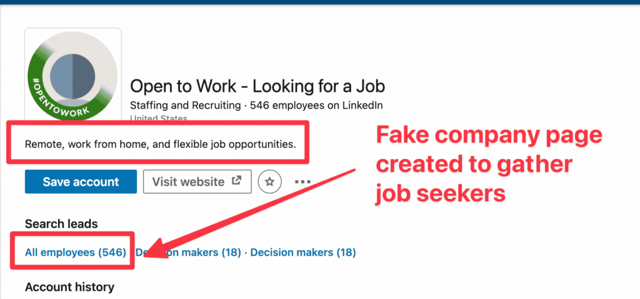 fausse page open to work pour rassembler des demandeurs d'emploi