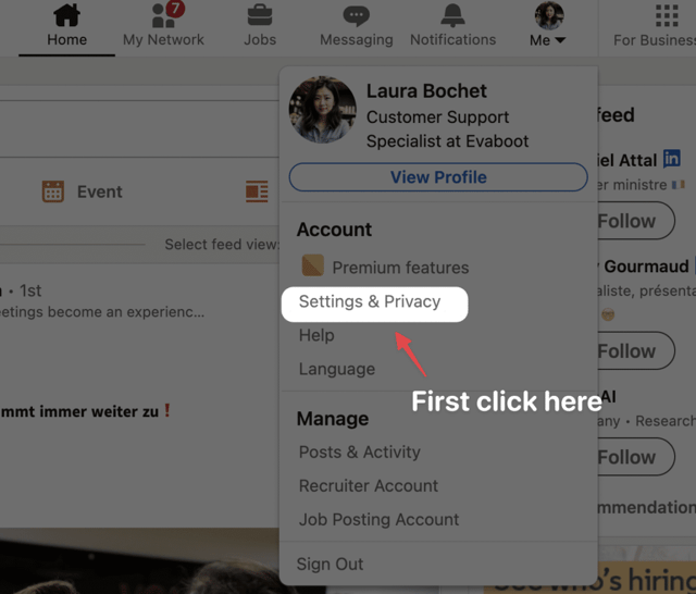 Cliquez sur les paramètres et l'option de confidentialité sur linkedin