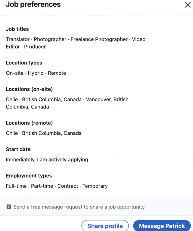 view job preference on linkedin
