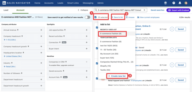 e-commerce account liste im linkedin sales navigator erstellen