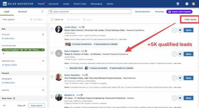 trouver des prises de décision sur LinkedIn Sales Navigator avec des recherches avancées