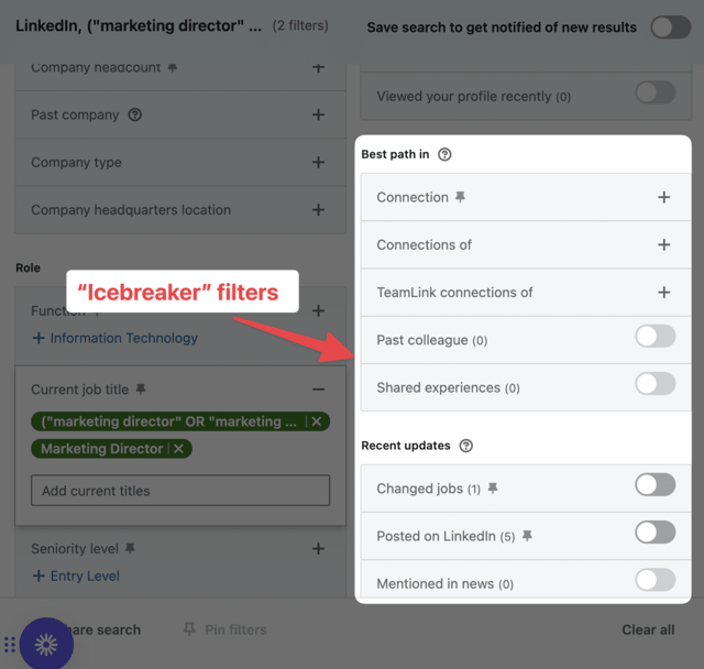 filtres brise-glace à utiliser sur LinkedIn Sales Navigator