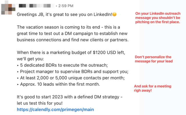 mauvais exemple Message LinkedIn 