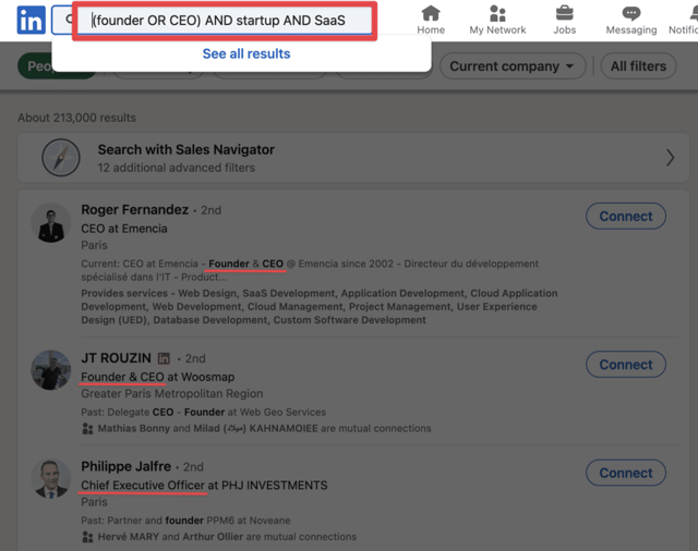 recherche booléenne sur linkedin avec séparateurs AND OR