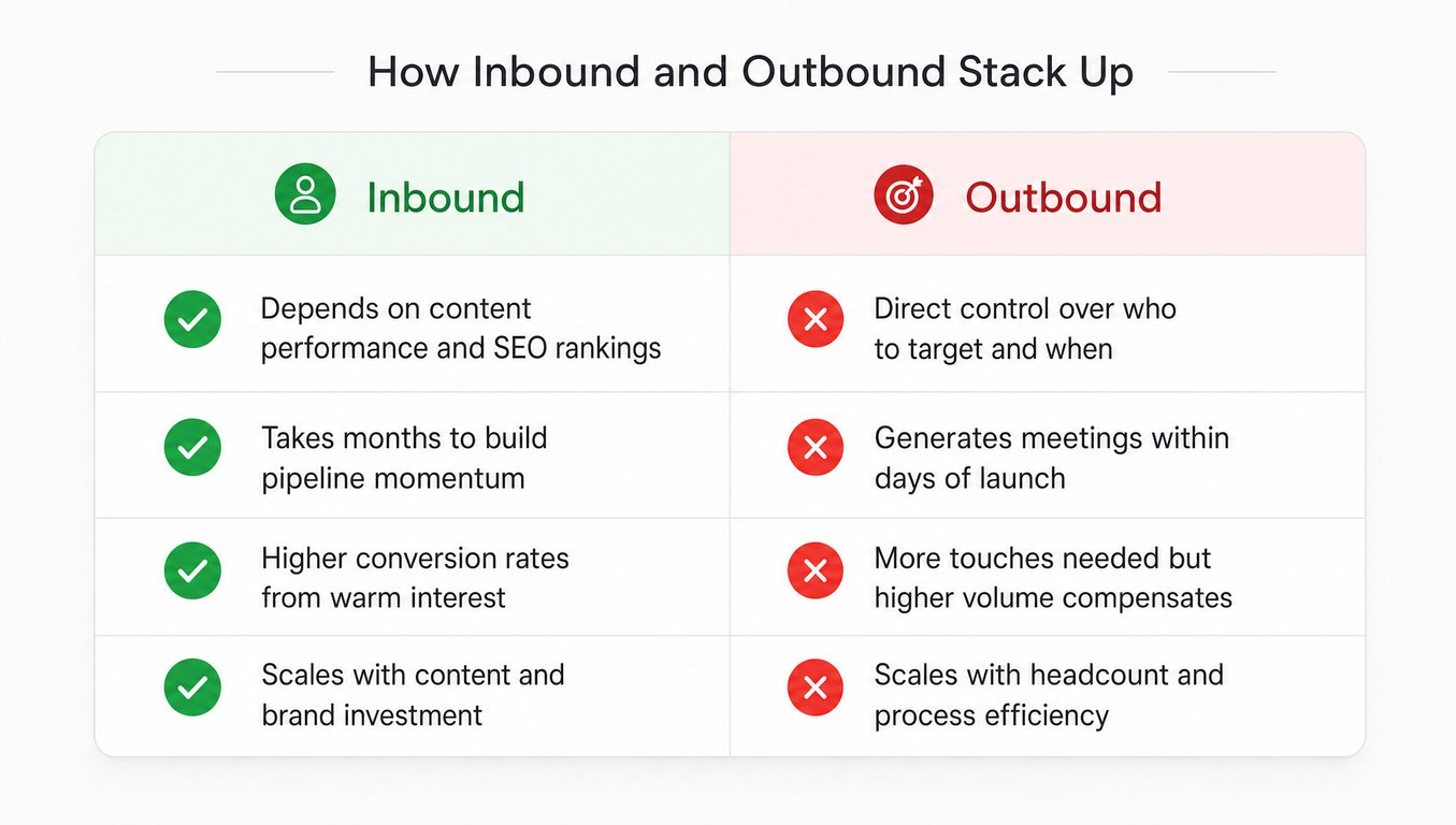 Side-by-side comparison table showing key differences between inbound and outbound prospecting across control speed conversion and scalability
