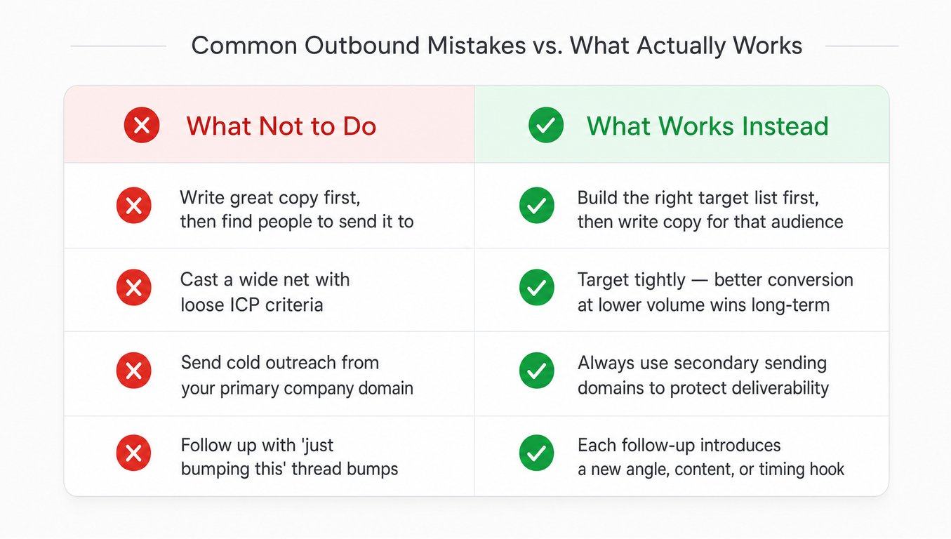 Side-by-side comparison showing common outbound prospecting mistakes and the correct approaches that produce better results