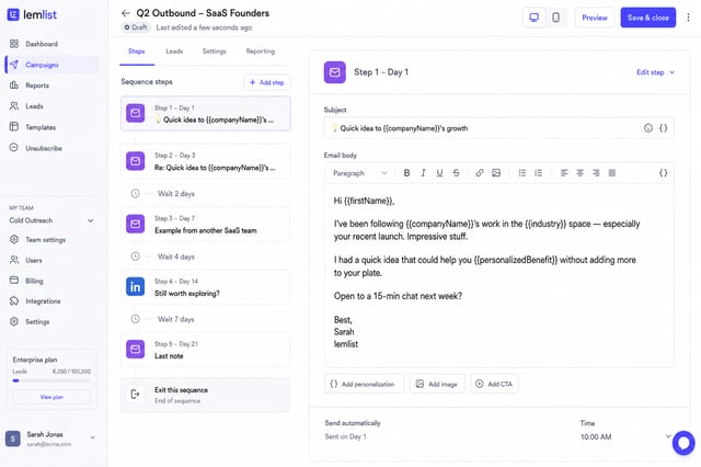Cold email sequence interface from Smartlead or Lemlist showing a multi-step campaign with subject lines, body copy, and follow-up timing