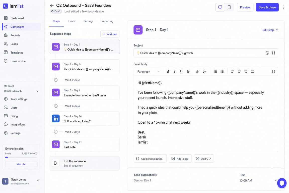 Cold email sequence interface from Smartlead or Lemlist showing a multi-step campaign with subject lines, body copy, and follow-up timing