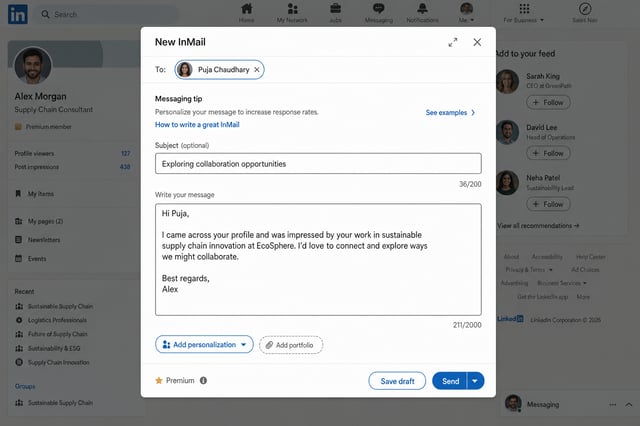 LinkedIn InMail composer or connection request message interface showing character count and personalization fields