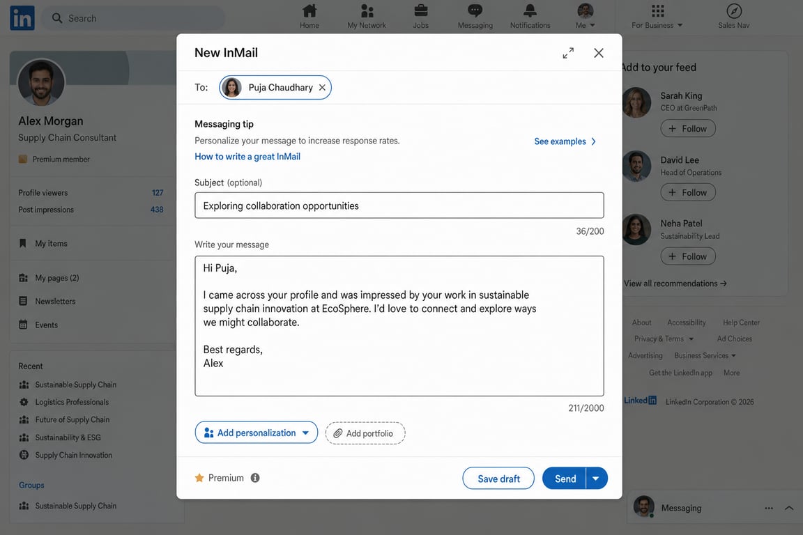 LinkedIn InMail composer or connection request message interface showing character count and personalization fields