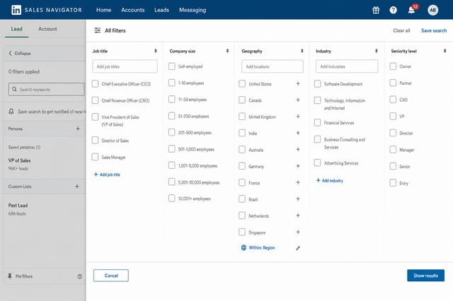 LinkedIn Sales Navigator search filters panel showing the expanded filter categories (job title, company size, geography, industry, seniority level)