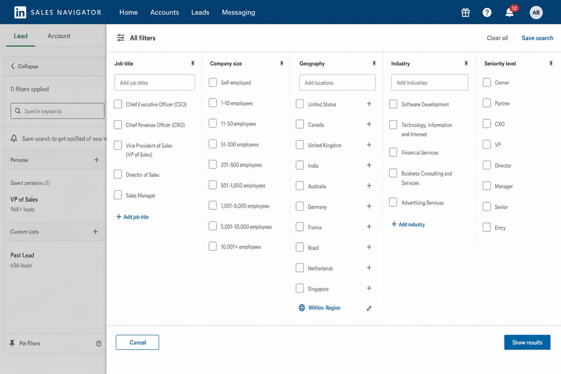 LinkedIn Sales Navigator search filters panel showing the expanded filter categories (job title, company size, geography, industry, seniority level)