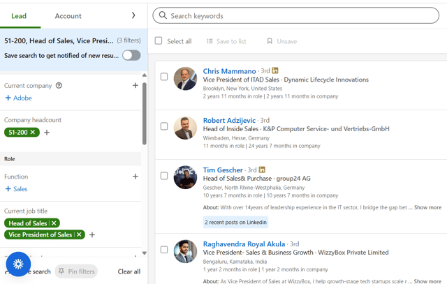 Sales Navigator filters