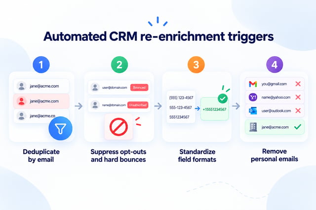crm hygiene steps: deduplicate, suppress opt-outs, standardize, remove personal emails