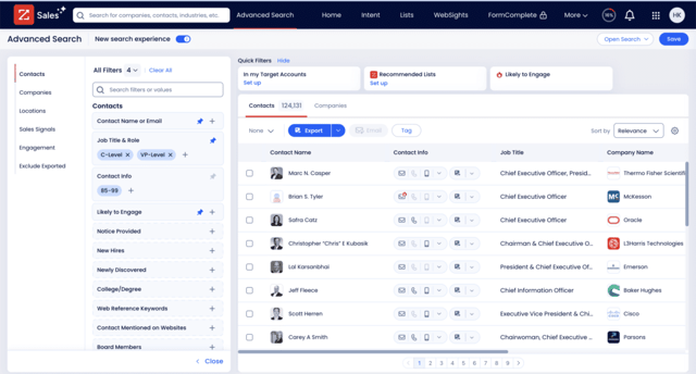 zoominfo interface advanced searches