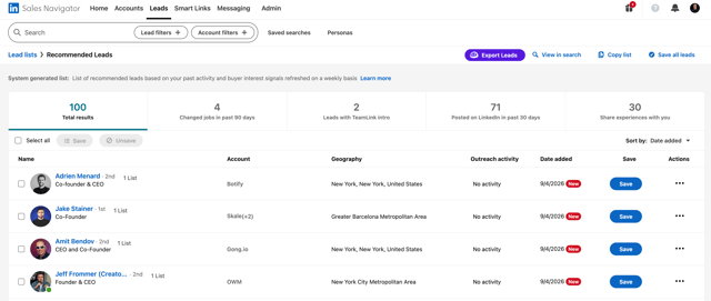 sales navigator recommended leads list with the export leads button