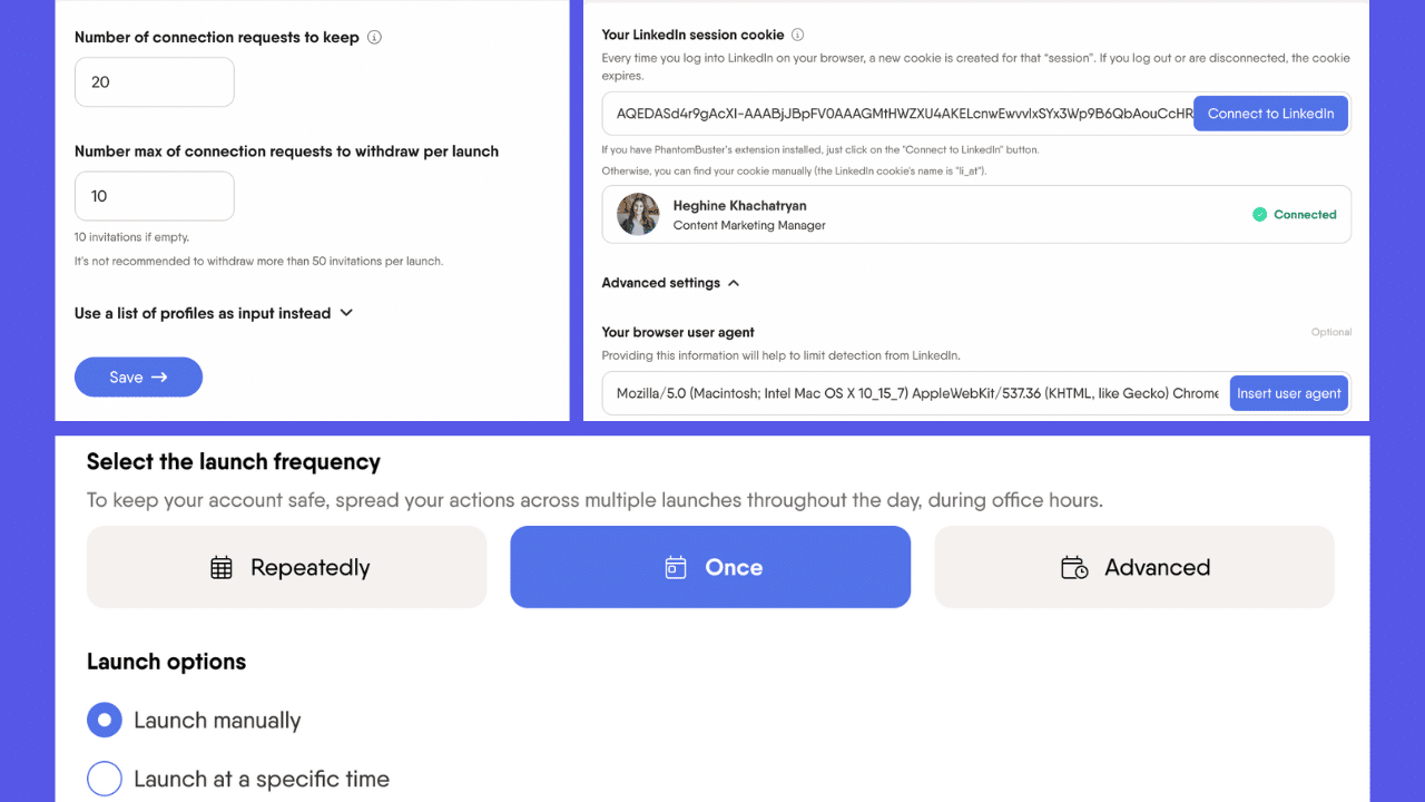 how to setup phantombooster linkedin invitation withdrawals
