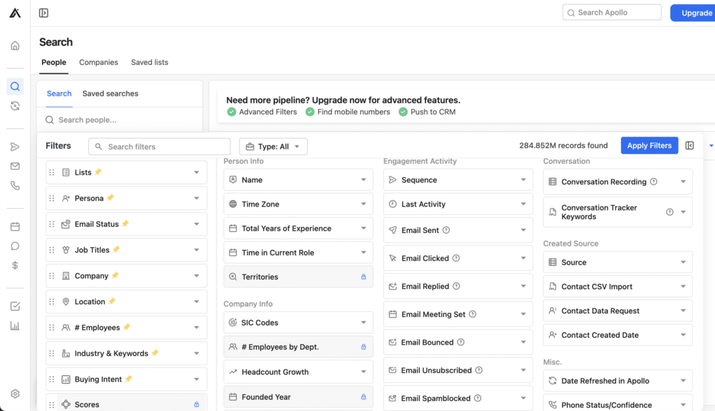 apollo.io prospect search criteria list 