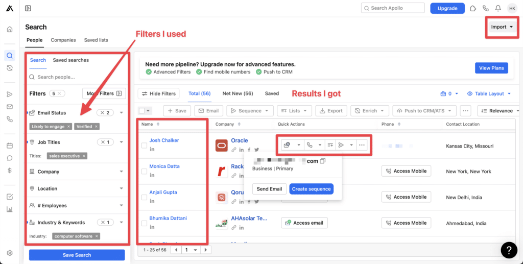 apollo.io search results contact details and data 