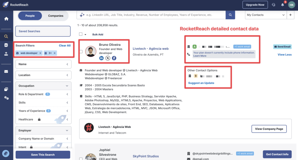 contact information from rocketreach