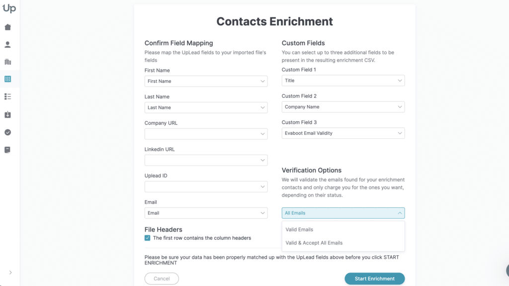contact enrichment function on uplead