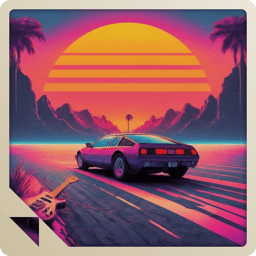 An 80s car with a synthy sunset in the background