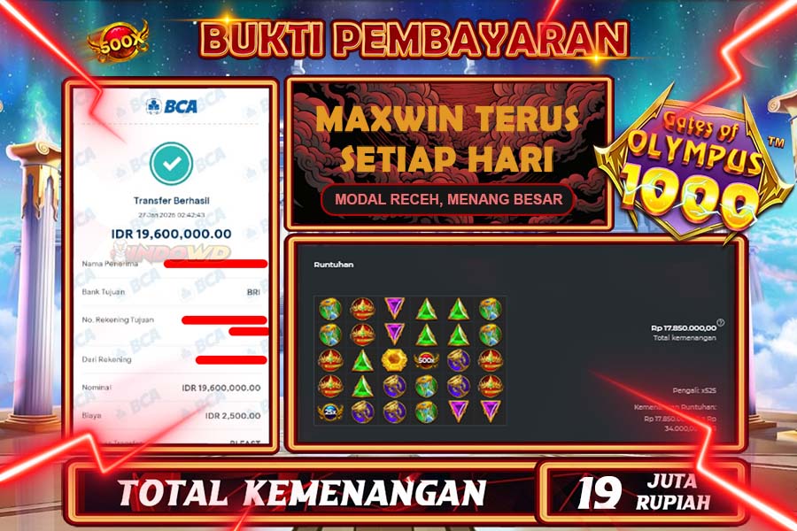 INDOWD JACKPOT SLOT GATES OF OLYMPUS 1000 Rp19.600.000,- LUNAS