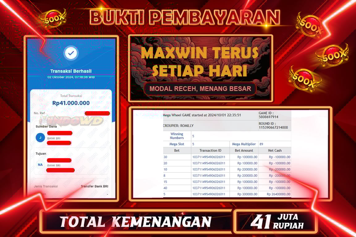 INDOWD JACKPOT CASINO MEGA WHEEL GEME Rp.41.000.000,- LUNAS
