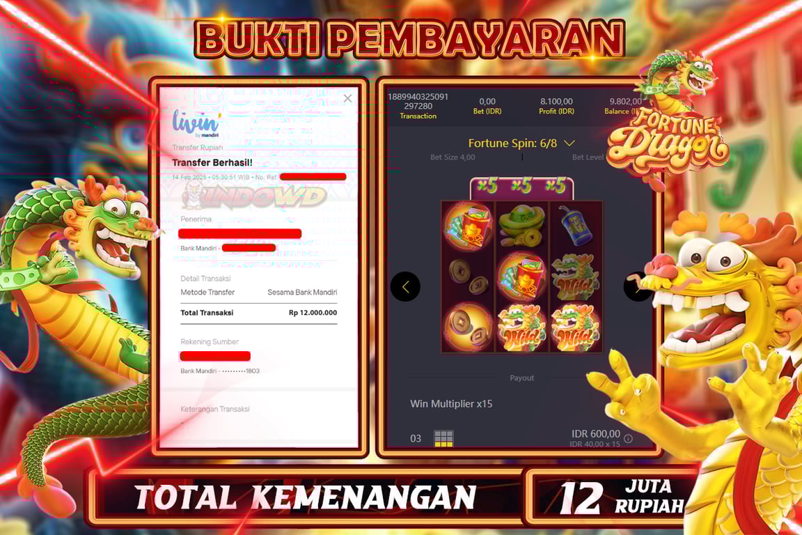 INDOWD JACKPOT SLOT FORTUNE DRAGON Rp12.000.000,- LUNAS