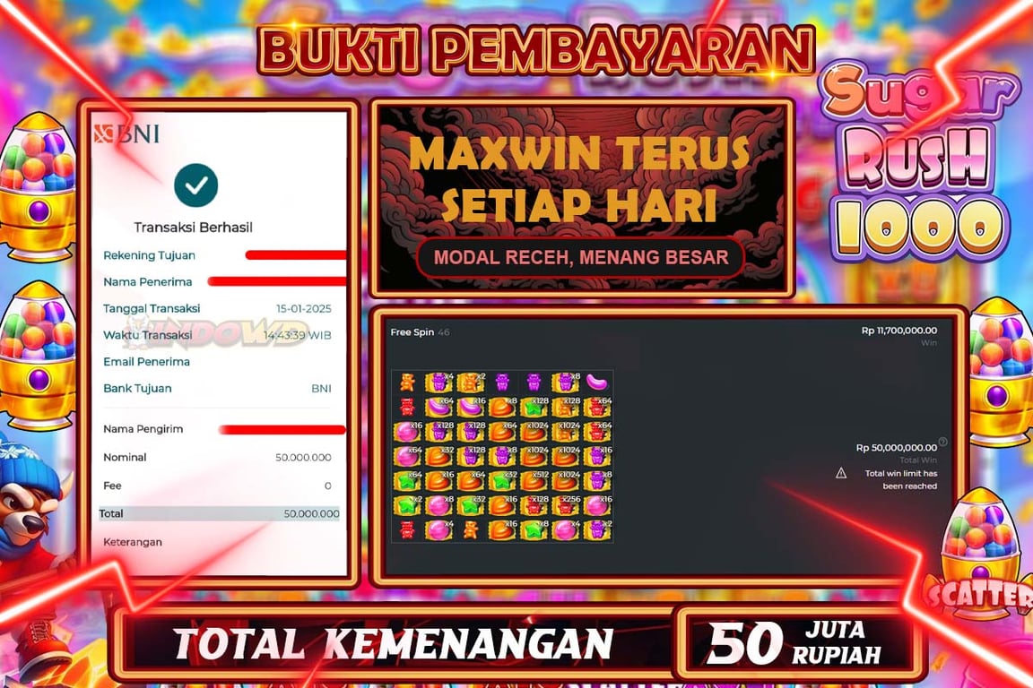 INDOWD JACKPOT SLOT SUGAR RUSH 1000 Rp.50.000.000,- LUNAS